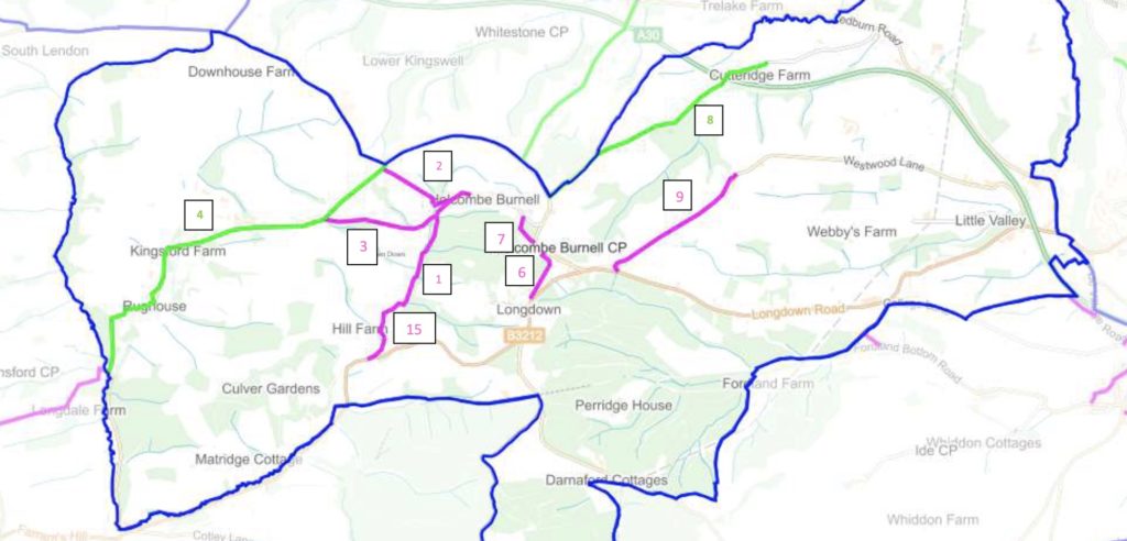 Map of footpaths in the Parish of Holcombe Burnell